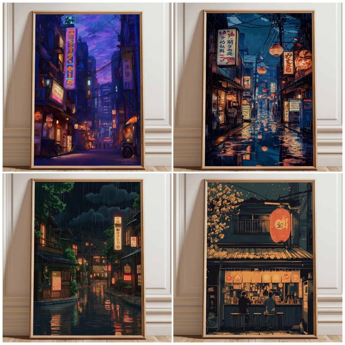 Japanese Lighting Decor - โปสเตอร์พิมพ์ลายถนนโตเกียวแบบนีออน, ศิลปะตกแต่งผนังเมืองกลางคืนสไตล์ไซเบอร์พังค์, ของตกแต่งแสงไฟเมืองสไตล์ญี่ปุ่น, สไตล์อนิเมะแห่งอนาคต