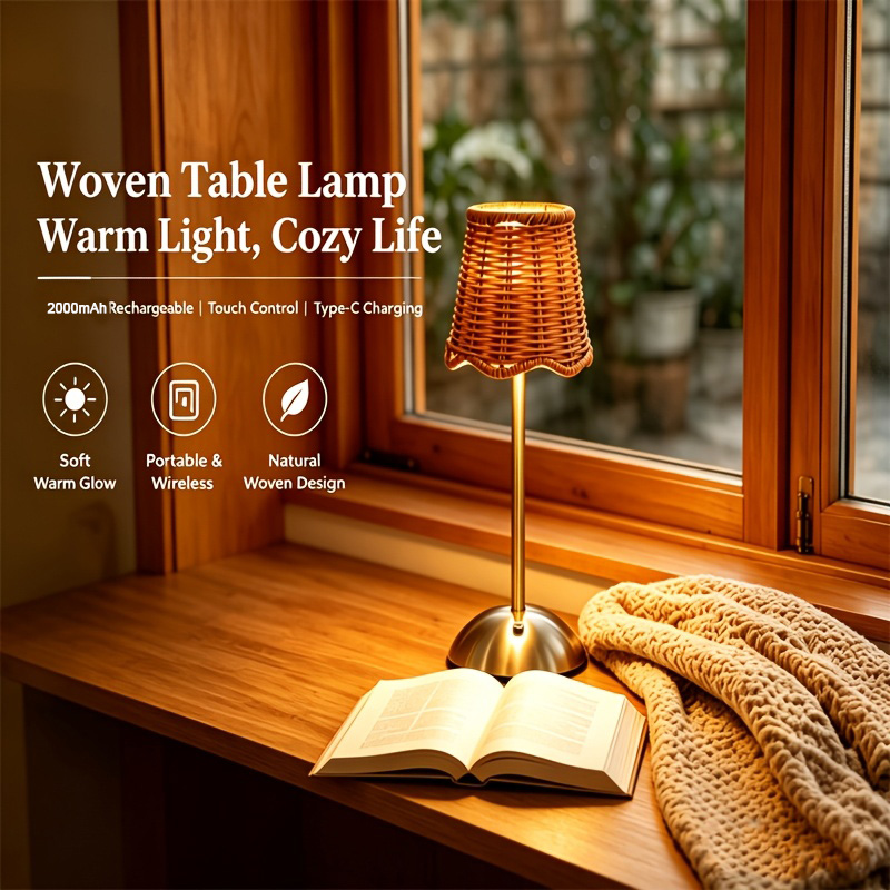 Touch Dimmer Lamp - โคมไฟตั้งโต๊ะสไตล์โบฮีเมียนทำจากหวายถัก ปรับแสงได้ 3 ระดับ ควบคุมด้วยระบบสัมผัส ใช้พอร์ต