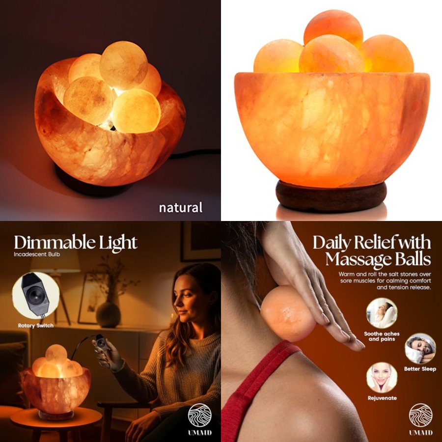 Himalayan Salt Lamp - โคมไฟเกลือหิมาลัยพร้อมลูกบอลหิมาลัย 6 ลูก โคมไฟเกลือหินสีชมพูแบบหรี่แสงได้สำหรับห้องนอน โต๊ะทำงาน และห้องทำสมาธิ