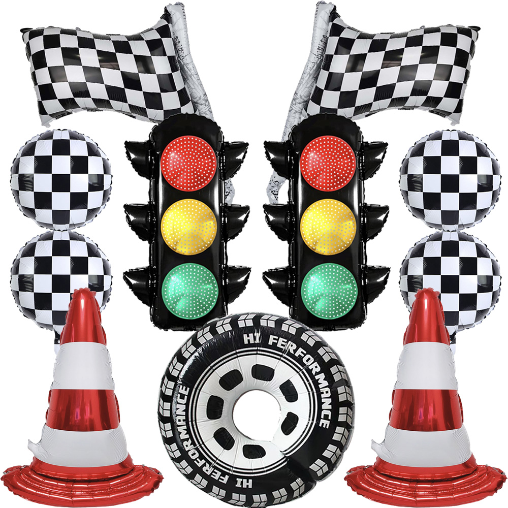 Lighting Mcqueen Decor - ของตกแต่งงานวันเกิดธีมรถแข่ง ไฟจราจร กรวยจราจร ธงลายตารางหมากรุก ล้อบอลลูน สำหรับเด็ก